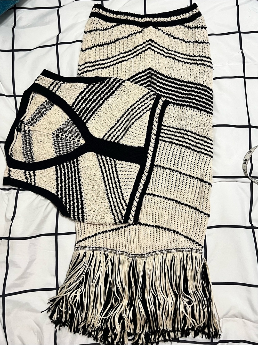 Express Black & Cream Knit Fringe Sweater Set